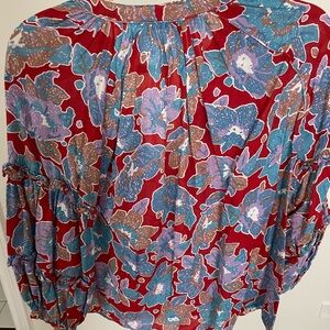 Elegant Floral Blouse in Red and Blue